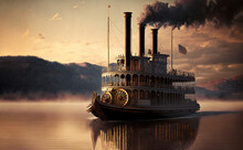 Old Steamboat With Smoke In River. Generative Ai