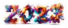 2023 Happy New Year Celebration Banner With Colorful 3D Numbers Made Of Paint Splashes Isolated On White Background, Created With Generative AI Technology