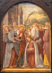 Wall Mural - VARALLO, ITALY - JULY 17, 2022: The renaissance painting Jesus takes leave of his Mother in the church Chiesa Santa Maria delle Grazie by Fermo Stella  (1490–1562)