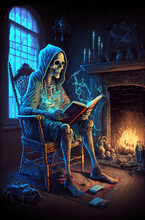 Death Skeleton Is Sitting At Home On Chair Near Burning Fireplace And Reading Book. Scary Bedtime Stories. Death Is Reading Book With Fascinating Stories. 3d Illustration