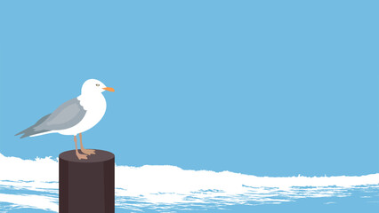 Poster - Seagull stands on the perch and watches the sea. Vector illustration.