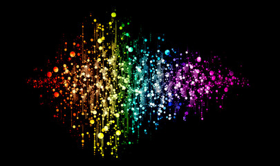 Colorful glowing rainbow drops and lights on black background. Abstract rainbow sparkles backdrop. Rainbow sparkle glitter wallpaper. Generative AI rainbow abstract illustration.