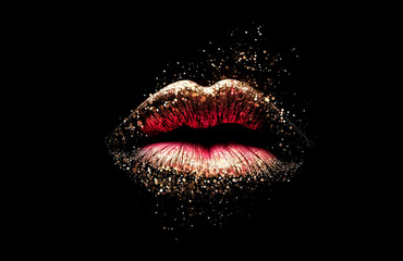 Colorful female lips with paint leaks and drops on white background. Red and gold perfect female lips. Generative AI rainbow female lips illustration. Free love or lips cosmetics design concept.
