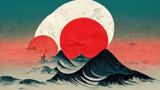 Wall Mural -  - Hekisan sunrise, modern, retro, traditional and classic Japanese Ukiyo-e style design elements in the style of Katsushika Hokusai with Japanese paper textures generated by Ai