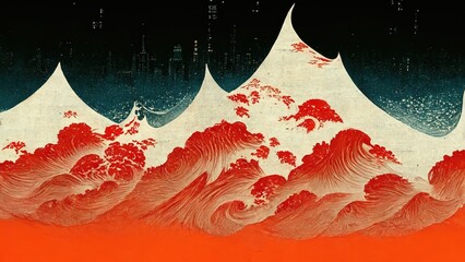 Wall Mural - Orange clouds and white mountains, Japanese paper texture Katsushika Hokusai style modern retro traditional classic Japanese Ukiyo-e style design element Ai generated