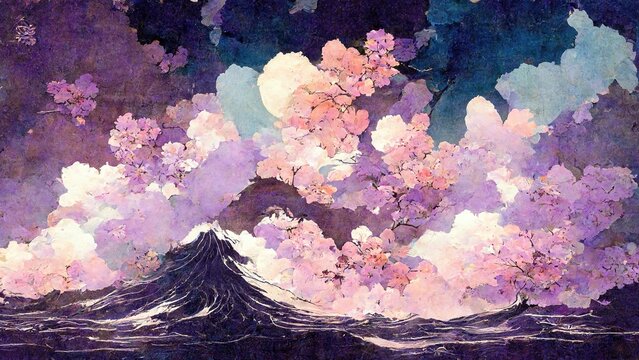 Wall Mural -  - Detailed watercolor-like blooming flowers, abstract and striking, retro and elegant, in the style of Katsushika Hokusai's Ukiyoe, Japanese traditional and graphic design produced by Ai