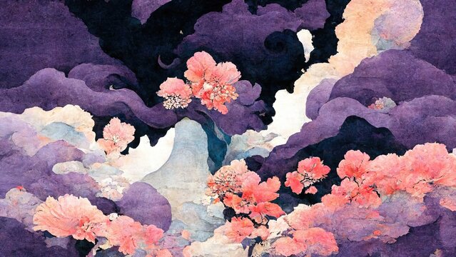 Wall Mural -  - Forest of purple clouds and pink flowers, abstract and striking, retro and elegant, produced by Katsushika Hokusai's Ukiyo-e style Japanese traditional and graphic design Ai