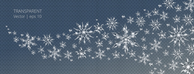 Wall Mural - Vector realistic transparent wave of snowy wind with glass snowflakes. Sparkling translucent crystals border with vector realistic transparent Christmas snowflake decoration	
