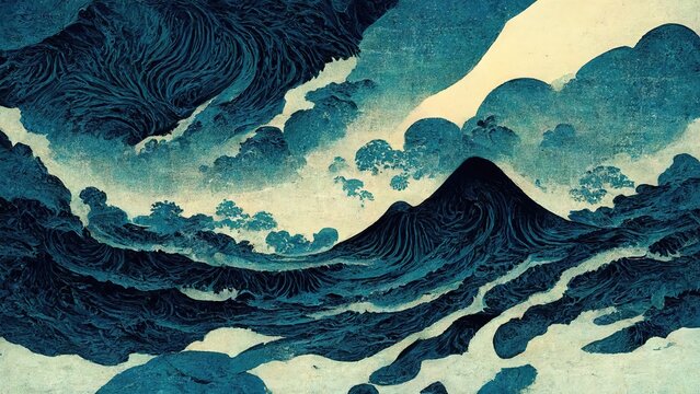 Wall Mural -  - Modern, retro, traditional and classic Japanese Ukiyo-e style design elements in the style of Katsushika Hokusai with the texture of Japanese paper generated by Ai