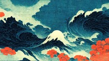 White Waves And Red Flowers, Japanese Paper Texture Katsushika Hokusai Style Modern Retro Traditional Classic Japanese Ukiyoe Style Design Elements Generated By Ai