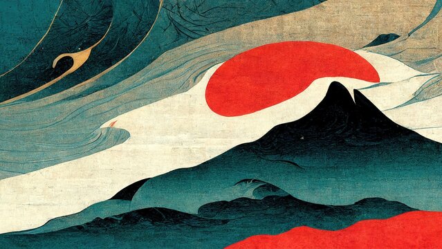 Wall Mural -  - Red and blue gradient mountains, generated by modern, retro, traditional and classic Japanese Ukiyo-e style design elements Ai, in the style of Katsushika Hokusai with Japanese paper texture