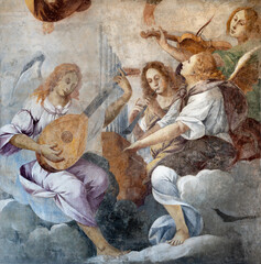 Wall Mural - DOMODOSSOLA, ITALY - JULY 19, 2022: The baroque fresco of angels with the music instruments in the church Chiesa dei Santi Gervasio e Protasio by Lorenzo Peretti (1774 – 1851).