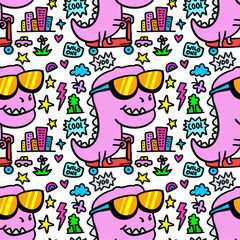 Wall Mural - Hand drawn funny dinosaur riding scooter with various objects doodle illustration seamless pattern