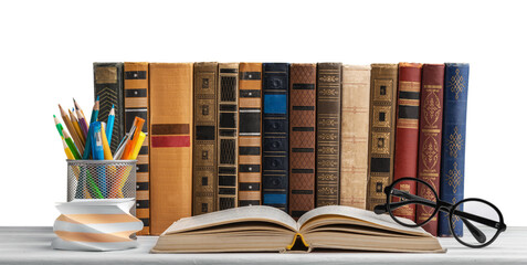 Canvas Print - A stack of study books, eyeglasses, stationery on a table