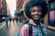 © ADDICTIVE STOCK - Generative AI illustration of cheerful black woman on street