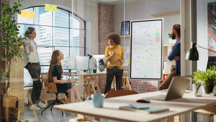 Aufkleber - Expressive Project Manager Talking on a Team Meeting in Creative Agency Conference Room. Arab Female Showing Business Plan Presentation. Project Plan Presentation on Digital Whiteboard Monitor