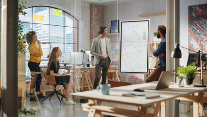 Aufkleber - Junior Marketing Specialist Making a Team Presentation in Creative Office Meeting Room. Project Manager Showing a Fresh Product Timeline. Project Plan Presentation on Digital Whiteboard Monitor