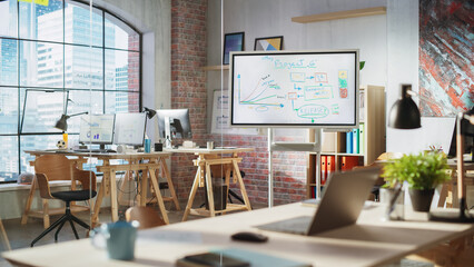 Aufkleber - Empty Conference Room for Team Meetings in Modern Creative Agency with Art on Walls and Desks with Computers. Office Space with Project Plan Presentation on Digital Whiteboard Monitor