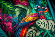 3d Digital Art. Drawing Colorful Wallpaper. Tropical Forest, Multicolor Birds, Tropical Plants, And Flowers