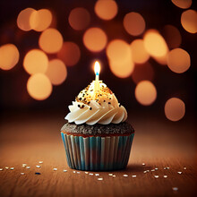Birthday Cupcake With Candle On Holiday Bokeh Lights Background