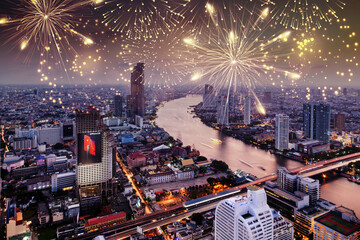 Canvas Print - fireworks display over Bangkok happy new year