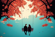 Lovers Silhouttes At The Romantic Emotional Nature Forest Background. Couple In Love At The Park With High Skyes And Flying Romance Hearts Flat Illustration.
