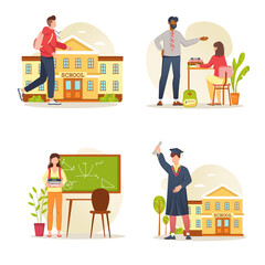 Poster - Education concept with people scene set. Pupils go to classes at school, teacher explains subject in class, students take exams and graduate with diploma. Illustration in flat design for web