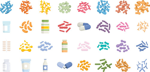 Sticker - Probiotics icons set flat vector. Stomach prebiotic. Bacteria lactobaccilus isolated