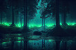 A greenish glowing fantasy forest at night, generative ai