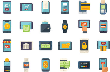 Sticker - Mobile payment icons set flat vector. Money bank. Mobile online isolated