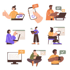 Wall Mural - software developers concept set in flat design. man and woman coding, testing, creating scripts and 