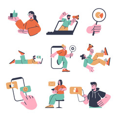 Wall Mural - digital marketing concept set in flat design. man and woman making advertising at social media, prom