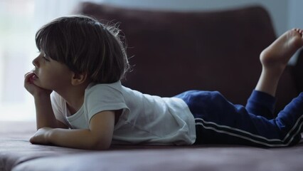 Wall Mural - One happy small boy watching content online with hand in chin. Closeup male kid face staring at TV