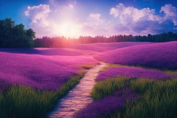 Poster - Path through a Meadow of Purple and Pink Flowers (Generative AI)