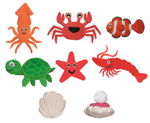 Set Of Sea Animal Made From Plasticine On White Background
