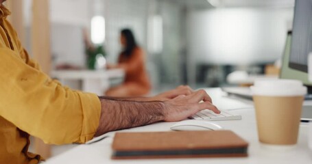 Aufkleber - Research, computer or hands typing a digital marketing, email or seo content for an advertising agency at office desk. Journalist, editor or copywriter copywriting a sales article on website or blog