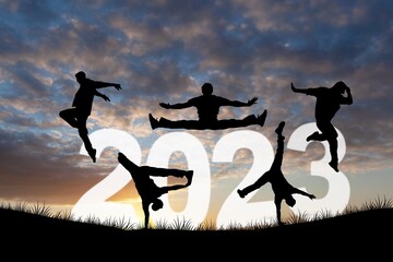 Poster - Silhouette of people jumping with 2023 numbers