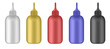Set of squeeze bottles. Red, gold, white, black and blue bottles. Dispensing cap. Colorful hair dye. E-juice vape liquid	
