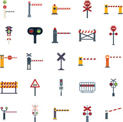 Sticker - Railroad barrier icons set flat vector. Crossing railway. Sign barrier isolated