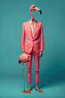 © Uncanny Valley - A pink illustrated flamingo dressed and standing as a man in elegant, modern clothing. Abstract animal portrait. Half man half tropical flamingo. Illustration, Generative AI.