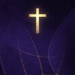 Golden Christian Cross on liturgic violet purple copy space square banner background. 3D illustration concept. Online worship church sermon in Advent and Lent symbolizing penance, sacrifice, mourning