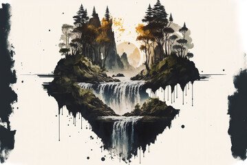 Inception like landscape with trees and waterfall, dark water paint. Generative AI