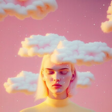 Retro, Vintage, Abstract Collage Portrait Of A Faceless Woman With A Huge, Soft, White Cloud On Her Head. What Is In Your Head? Pastel Pink Background. Illustration, Generative AI.