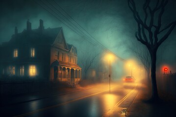 Wall Mural - a creepy, foggy Halloween street Generative AI