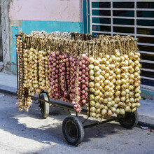 Strings Of Fresh Onions And Garlic For Sale On A Cart In The Street; Havana, Cuba