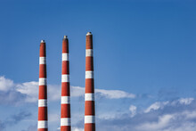 Three Smoke Stacks At Tufts Cove Electrical Generating Station; Dartmouth, Halifax, Nova Scotia, Canada