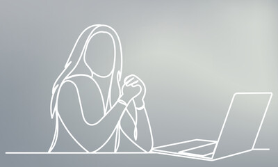 Wall Mural - woman with laptop, sketch continuous line drawing, vector