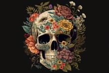  A Skull With Flowers On It's Head And A Black Background With A Black Background And A White Skull With Flowers On It's Head.