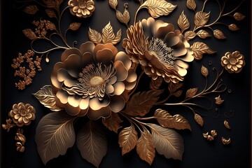 Poster - a black background with gold flowers and leaves