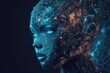  a woman's face with a futuristic pattern on it and a blue background with stars and dots in the shape of a human head. generative ai